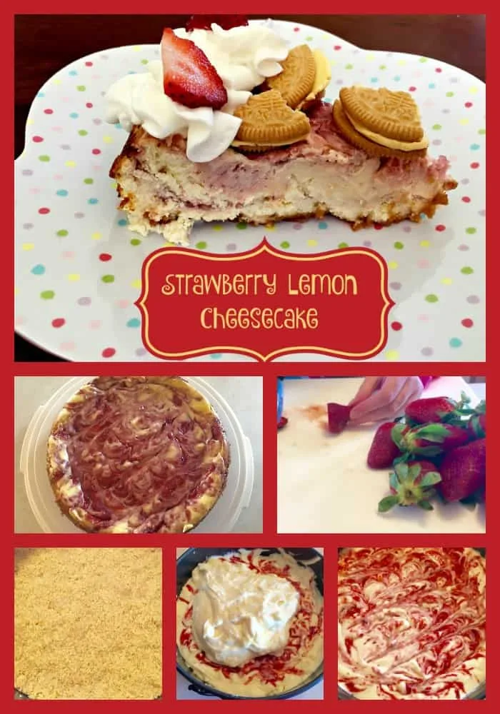 This Strawberry Lemon Cheesecake features a crust from crushed lemon sandwich cookies, lemon cheesecake, and a strawberry swirl.