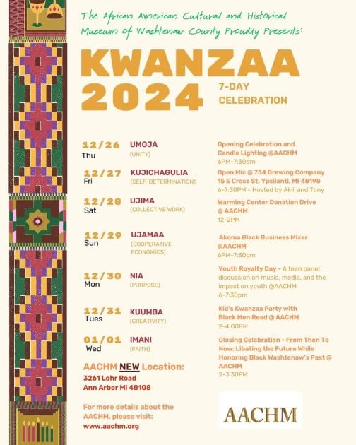 The African American Cultural and Historical Museum of Washteanw County proudly presents Kwanzaa 2024 7-Day Celebration
12/26 Thursday - Umoja (Unity) Opening Celebration & Candle Lighting @ AACHM 6-7:30p
12//27 Friday - Kujichadulia (Self-Determination) Open Mic @ 734 Brewing Company 6-7:30p Hosted by Akili and Tony
12/28 Ujima (Collective Work) Warming Center Donation Drive 12-2p
12/29 Sunday Ujamaa (Cooperative Economics) Akoma Black Business Mixer 6-7:30p
12/30 Monday Nia (purpose) Youth Royalty Day A teen panel discussion on music, media and the impact on youthy 6-7:30p
12/31 Tuesday Kuumba (Creativity) Kid's Kwanzaa Party with yBlack Men Read 2-4p
1/1 Wednesday Imani (Faith) - Closing Celebration From Then to Now: Libating the Future While Honoring Black Washtenaw's Past