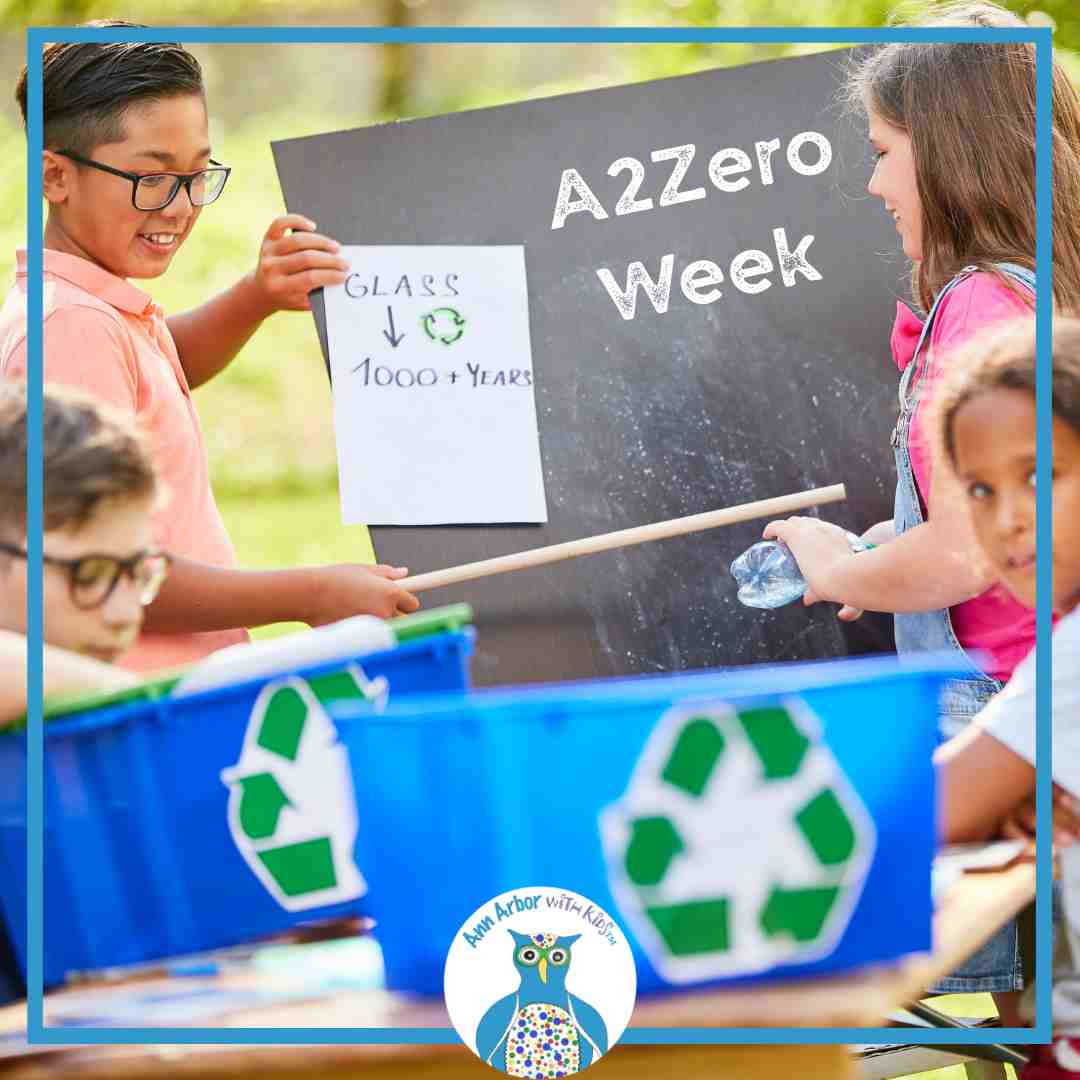 A2Zero Week - tweens work outside on recycling - a chalkboard says A2Zero Week