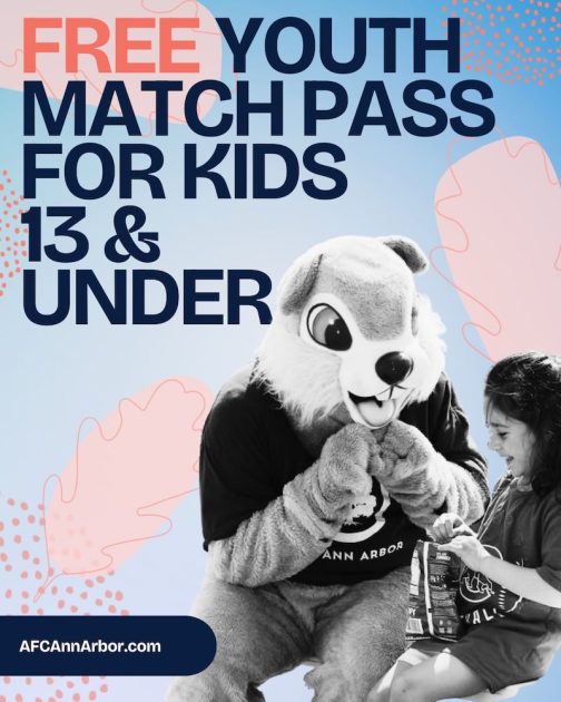 FREE Youth Match Pass for Kids 13 & Under - AFC Ann Arbor Mascot Nutmeg, a squirrel, sits with a child who has a bag of chips