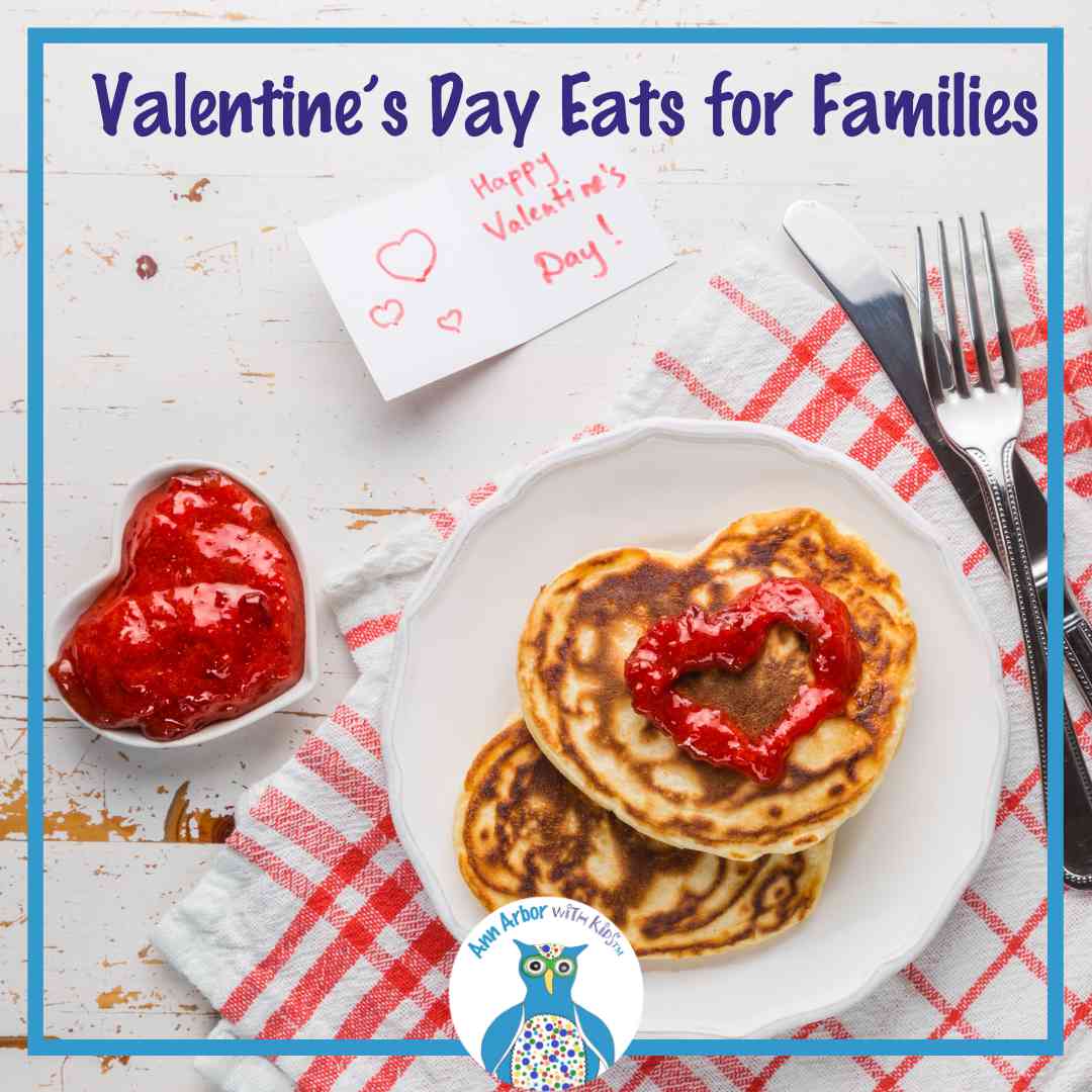 Valentine's Day Eats for Families - breakfast with heart shaped pancakes with a jam heart, a Happy Valentine's Day card and a heart treat