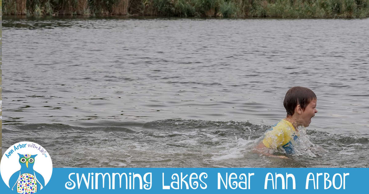 Ann Arbor Swimming Lakes - A boy swims in a lake with the distant shoreline visitble