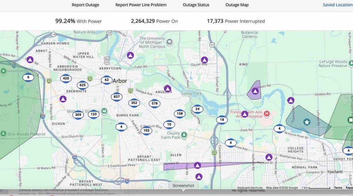 DTE Outage Map of Ann Arbor showing numerous outages across the heart of the city of Ann Arbor