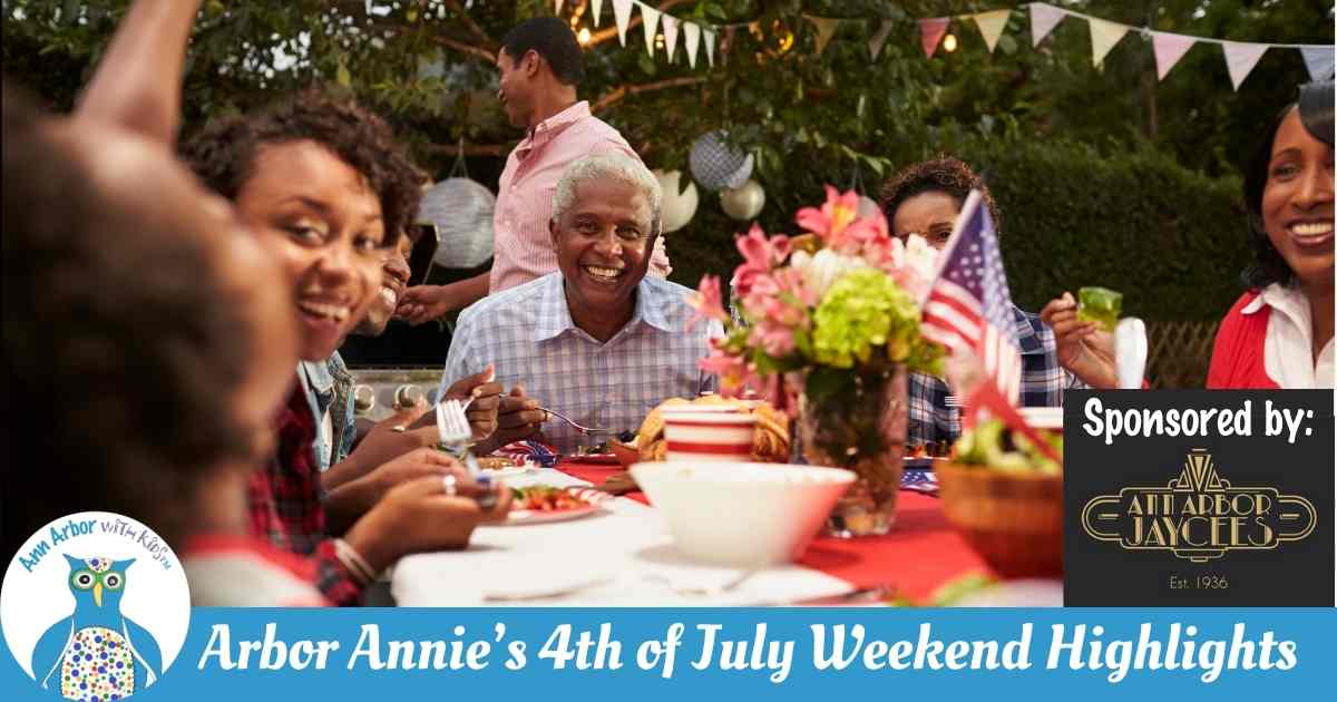 Arbor Annie's 4th of July Weekend Highlights - Sponsored by Ann Arbor Jaycees - a family at an outdoor picnic with American flags and festive bunting