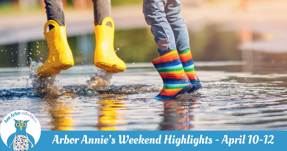 Arbor Annie's Weekend Highlights - April 10-12 - A circle with ribbons and laurel leaves. Clonlara School in ribbon, tree in the center. Founded 1967 between laurel leaves at the bottom. Two kids in rain boots & jeans jump in puddles
