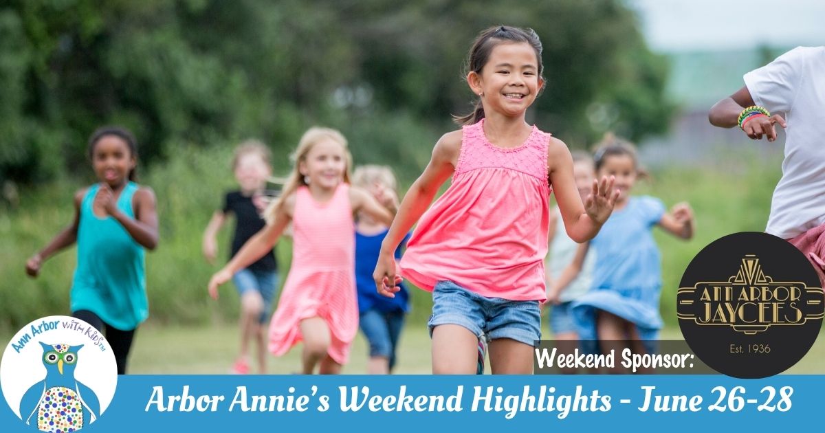 Arbor Annie's Weekend Highlights -June 26-28 - Weekend Sponsored by Ann Arbor Jaycees - Kids in field with trees behind them run towards camera