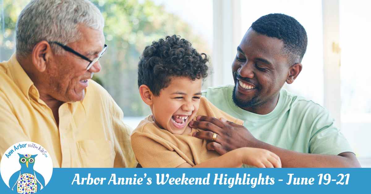 Arbor Annie's Weekend Highlights - Grandpa, child & dad sit at table laughing