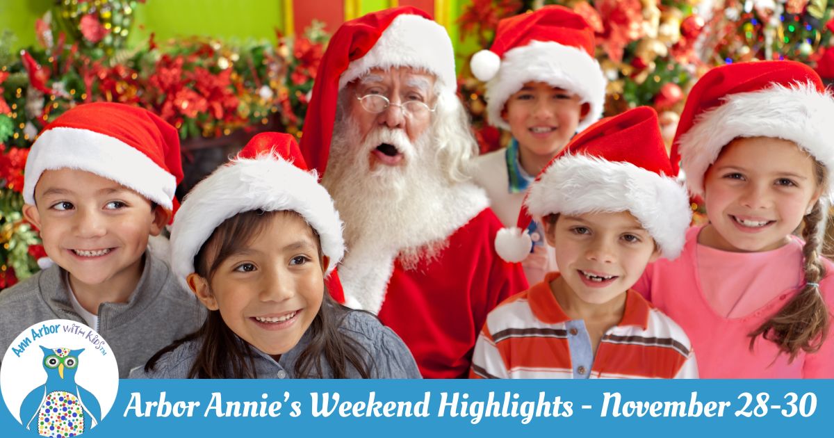 Arbor Annie's Weekend Highlights - November 28-30 - Santa with a group of kids wearing Santa hats