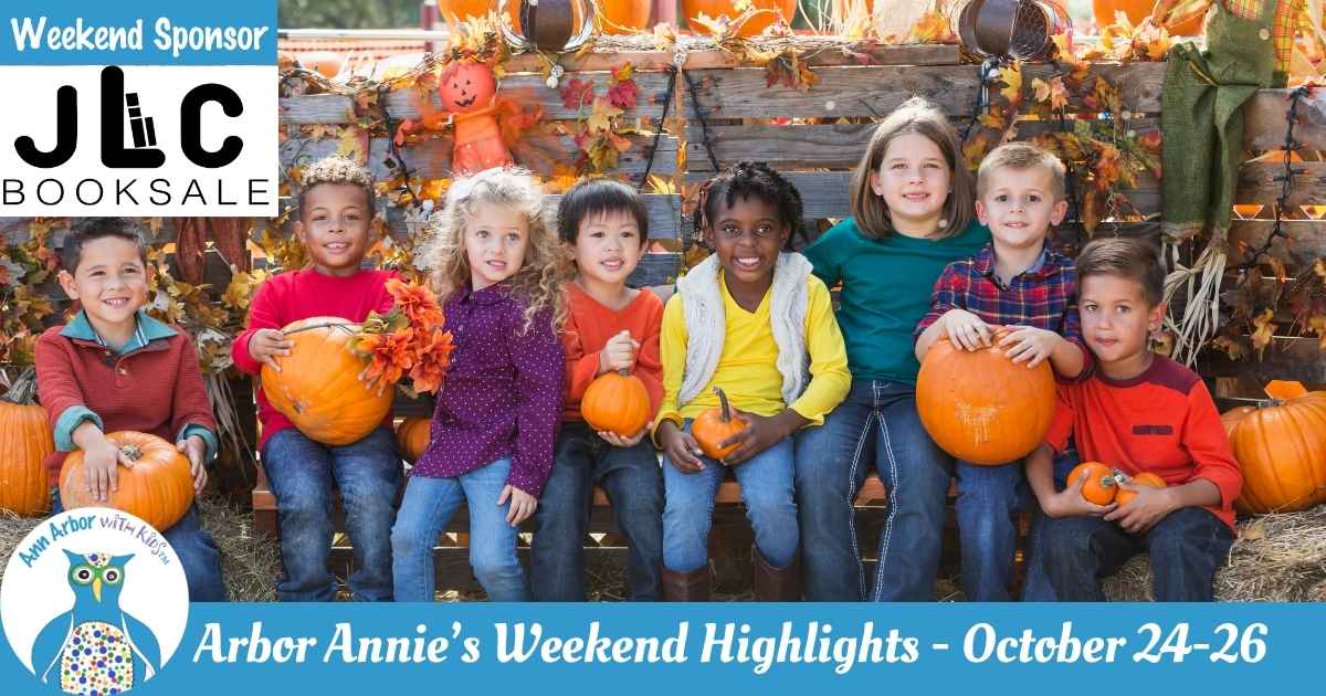 Arbor Annie's Weekend Highlights October 24-26 - Sponsored by JLC Book Sale- kids sit on. bench and hay bales holding pumpkins in front of hayride with scarecrows