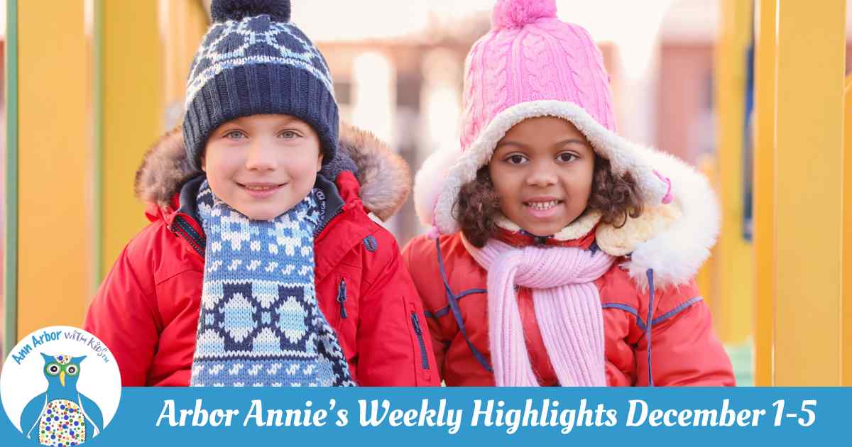 Arbor Annie's Weekend Highlights - December 1-5 - two kids bundled for winter on the playground.