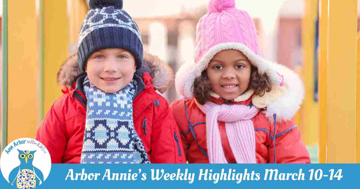 Arbor Annie's Weekly Highlights -March 10-14- two kids bundled for winter on the playground.