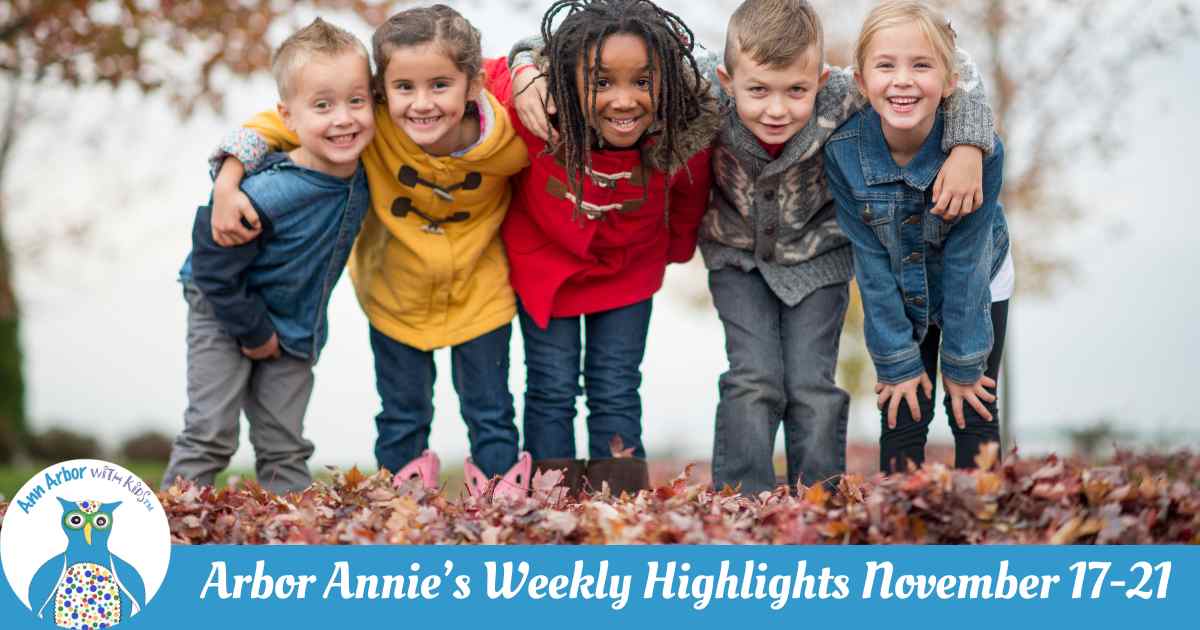 Arbor Annie's Weekly Highlights - November 17-21 - Group of kids dressed for fall huddled up while standing in leaves.