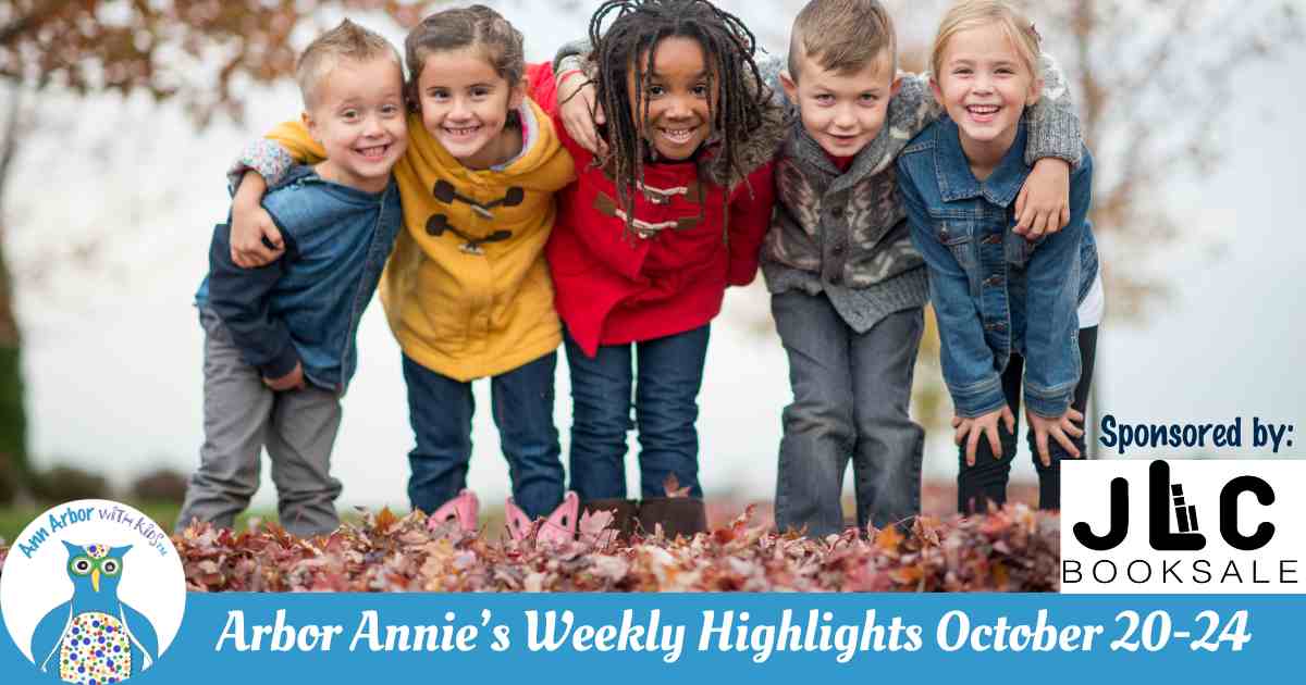 Arbor Annie's Weekly Highlights - October 20-24- Sponsored by JLC Booksale - Group of kids dressed for fall huddled up while standing in leaves.