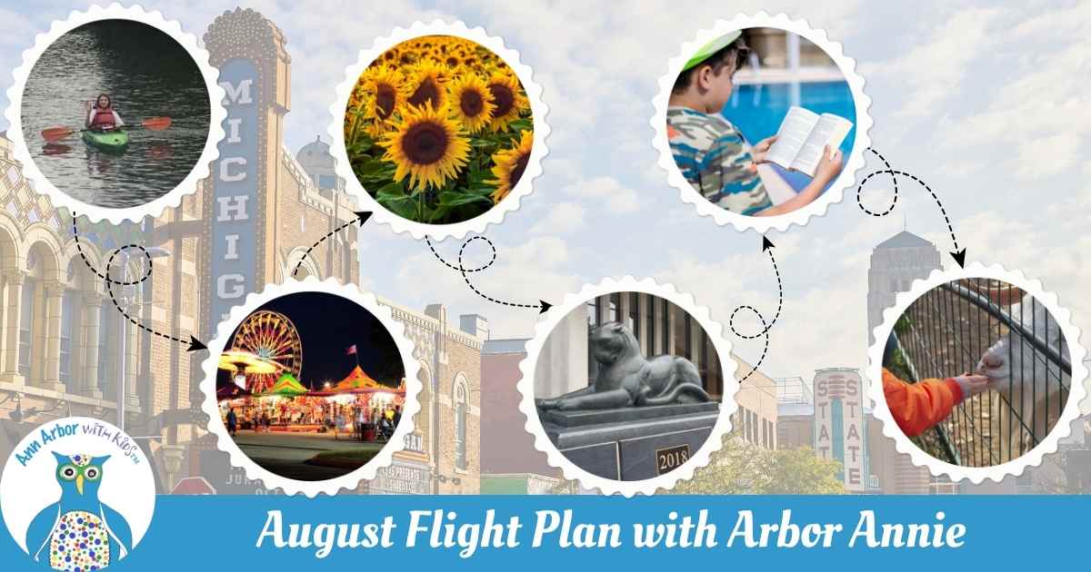 August Flight Plan with Arbor Annie - faded photo of Michigan theater & surrounding areas. circle insets connected by dotted lines representing the month's activities -kayaker, carnival, sunflowers, UMMNH Puma, kid reading at pool, petting goat