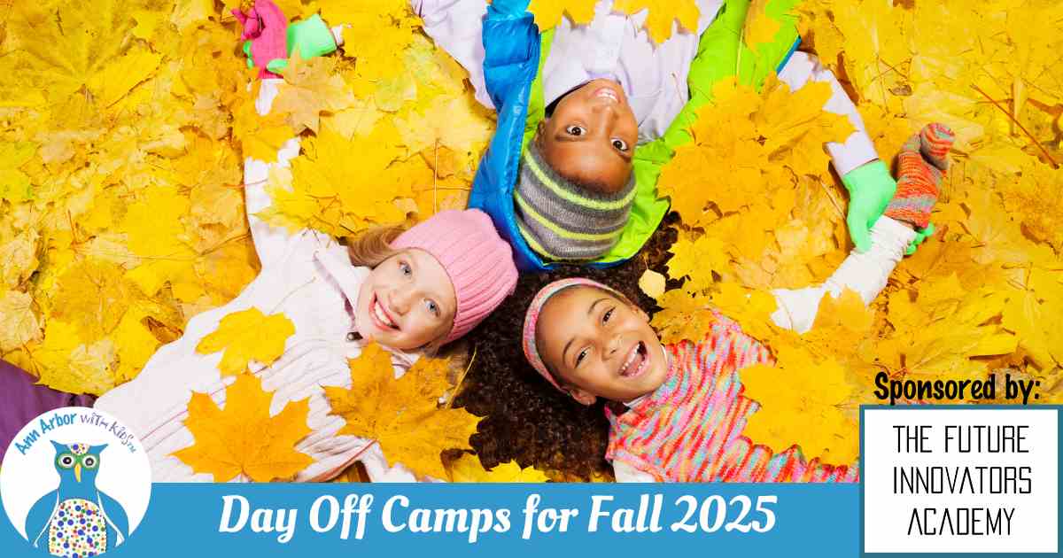 Fall Camps for Fall 2025 - Sponsored by The Future Innovators Academy - Three kids lying together in fall leaves wearing winter coats and hats