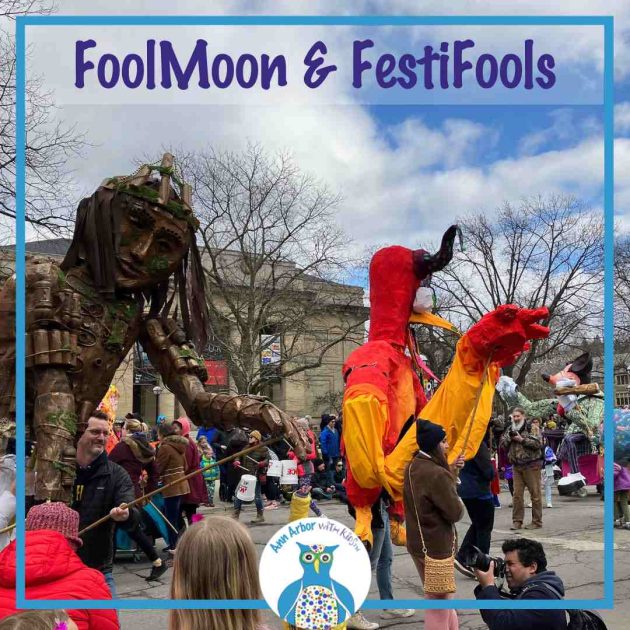 FoolMoon & FestiFools - Photo from 2022 Festifools parade includes large woman puppet, and large bird puppet
