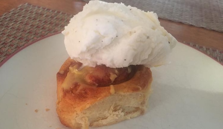 Ice Cream for Breakfast Day - store bought ice cream over a Pillsbury cinnamon roll