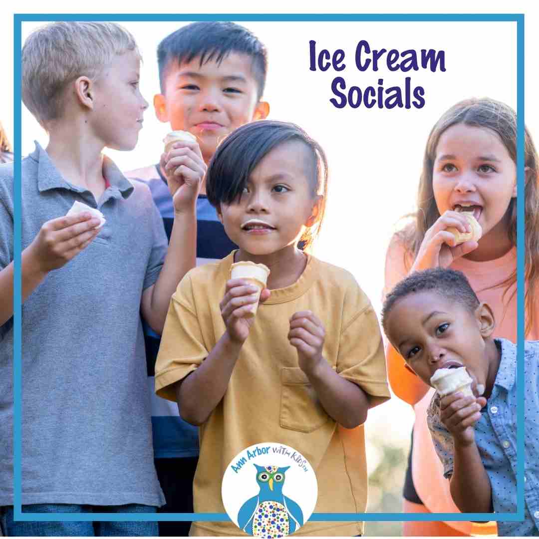 AAPS Ice Cream Socials & End of Year Events - group of kids eating ice cream cones outside