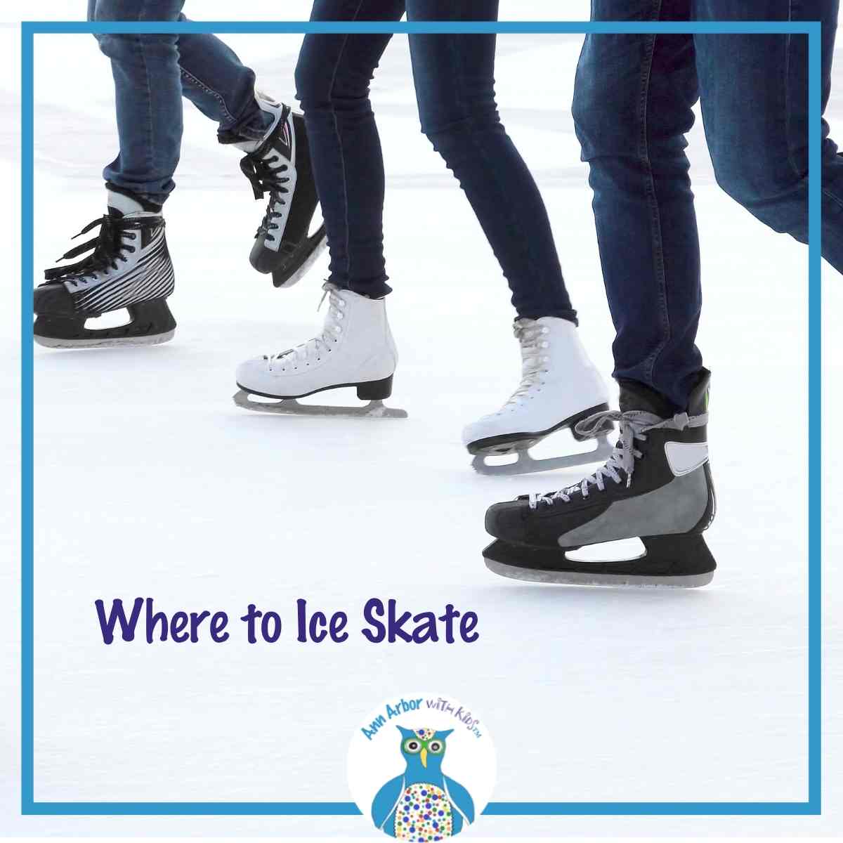 Where to Ice Skate - 3 sets of jean clad legs with hockey or figure skates on ice.