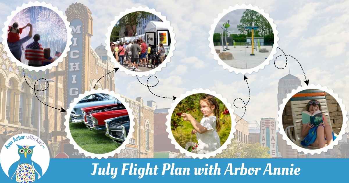July Flight Plan with Arbor Annie - faded photo of Michigan theater & surrounding areas. circle insets connected by dotted lines representing the month's activities -4th of July, car show, art fair booths, berry picking, splash pad, reading at pool
