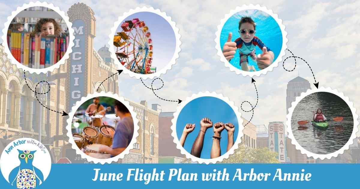 June Flight Plan with Arbor Annie - faded photo of Michigan theater & surrounding areas. circle insets connected by dotted lines representing the month's activities -library, Outdoor Concert, Carnivals, Juneteenth, outdoor pools, kayaking