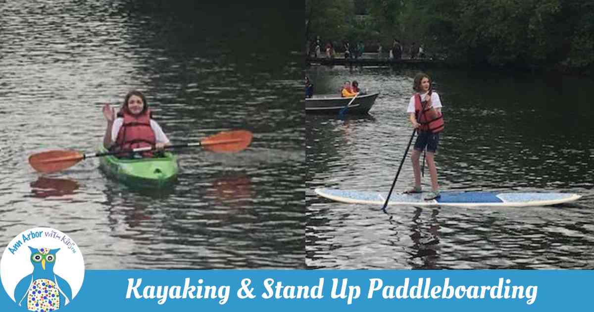 Ann Arbor Still Water Paddles -Two photos stitched together - a tween waves from her kayak and navigates a stand up paddleboard