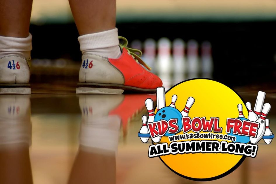 Kids Bowl Free - All Summer Long - legs of a child wearing bowling shoes standing on a bowling lane