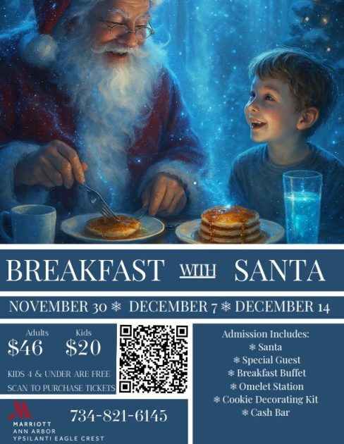 Santa & a child enjoying plates of pancakes with a magical glow.  Breakfast with Santa - November 30, December 7, December 14
Adults - $46, Kids $20. Kids 4 & under are free. - QR Code - Admission includes - Santa, Special Guest, Breakfast Buffet, Omelet Staiton, Cookie Decorating Kit, Cash Bar
Marriott Ann Arbor Ypsilanti Eagle Crest 734-821-6145