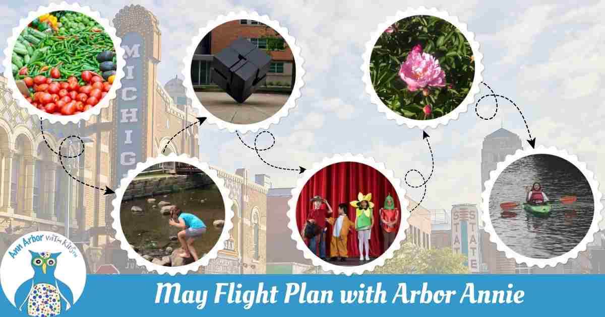 May Flight Plan with Arbor Annie - faded photo of Michigan theater & surrounding areas. circle insets connected by dotted lines representing the month's activities -farmers markets, creek in park, umich cube, kids on stage, peony, kayaker waving