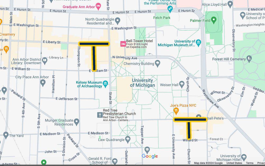 Map of Ann Arbor showing roads with parking restrictions during National Championship game