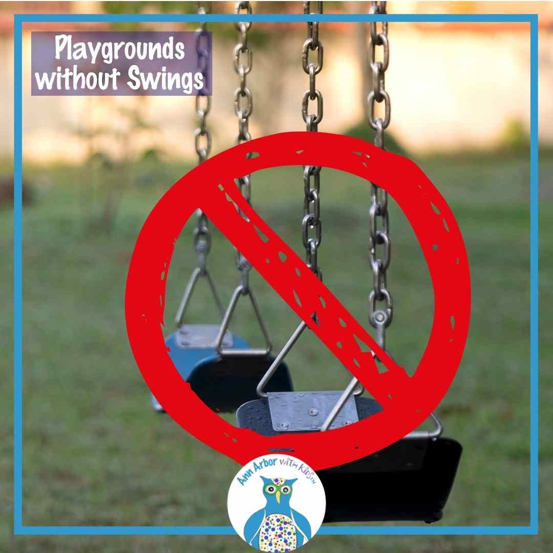 Playgrounds without swings - swings over grass with a red circle with slash over them.