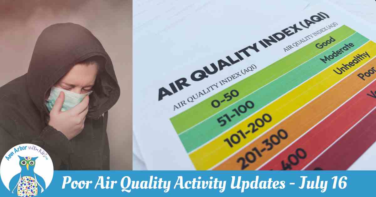 Poor Air Quality Activity Updates - July 16 - Person in hoody covers face with a mask in smoky room. Air Quality Index chart showing green to purple