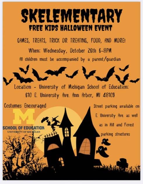 Skelementary - A Free Kids Halloween Event
Other information on flyer is repeated in text above and below image.
Picture shows a silhouette of a spooky house with ghosts and trees.