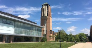 UMich North Campus Lurie Bell Tower next to the Walgreen Drama Center