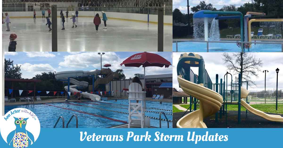 Veterans Park Storm Updates - photos of Vets Ice Arena, Vets Pool with Slide, Vets Pool kiddie Area, & Vets Park Playground