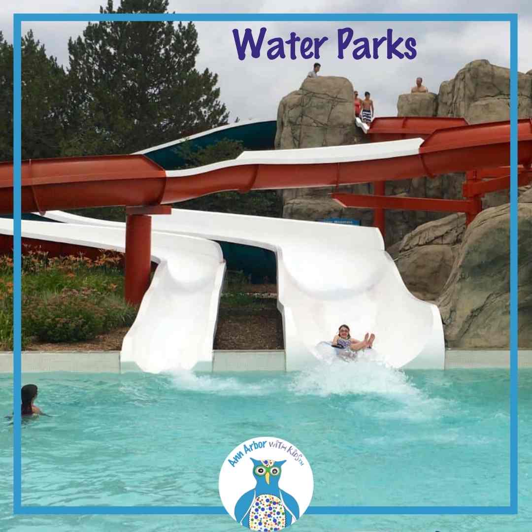 Water Parks - old slide tower at Rolling Hills Water Park with a child coming down in a tube