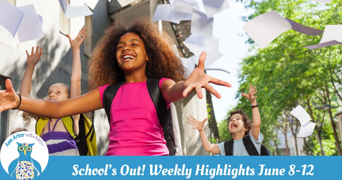 School's Out Weekly Highlights - June 8-12 - kids leaving school with backpacks celebrate by throwing papers in the air