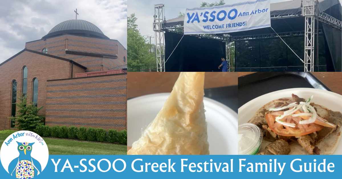 Ya'ssoo Greek Festival Family Guide - St Nicholas Greek Orthodox Church, stage with Ya'ssoo sign, spanakopita, & gyro